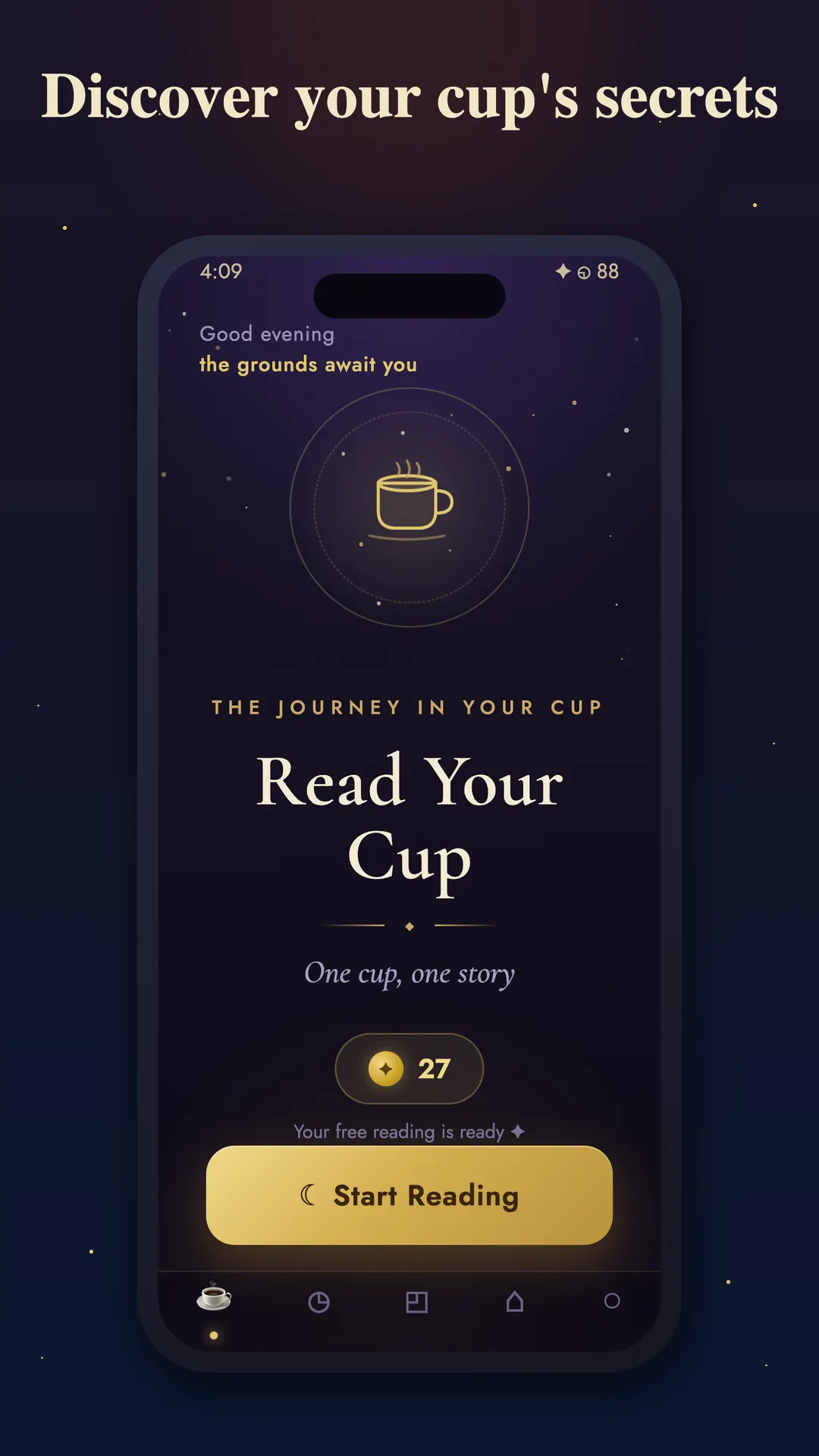 Tabira home screen — read your cup, today’s free reading