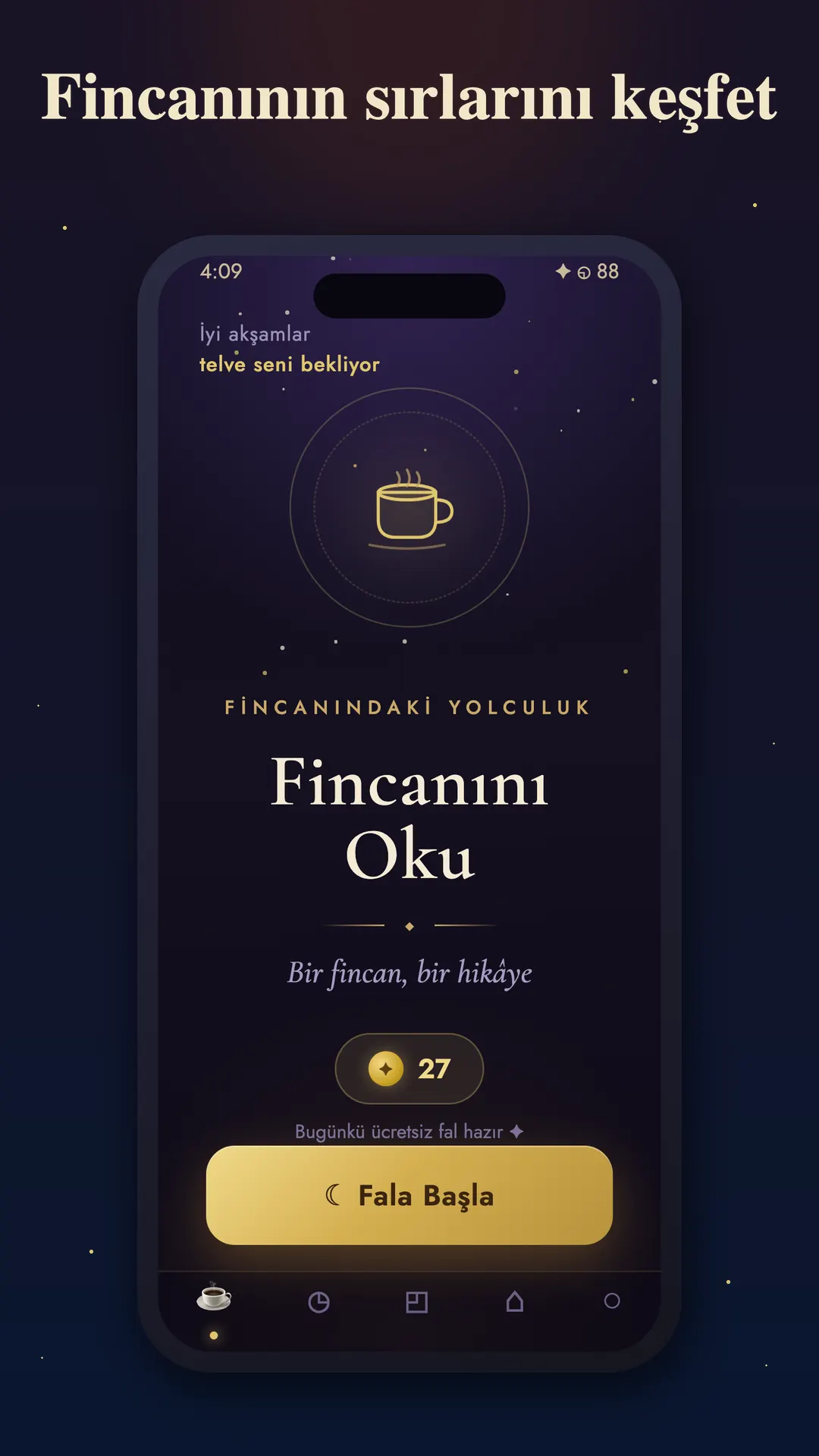 Tabira ana ekranı — fincanını oku, günün ücretsiz falı