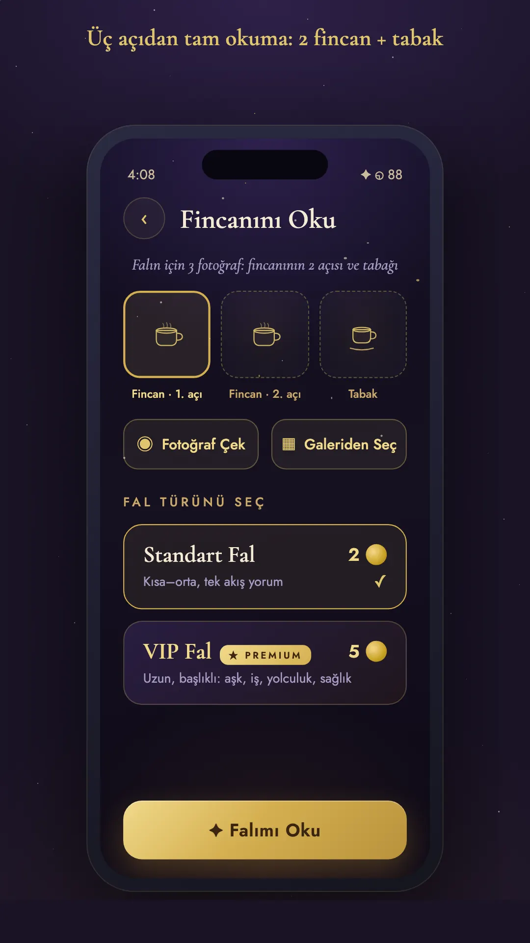 Üç fotoğraflı fal çekimi — iki fincan açısı ve tabak
